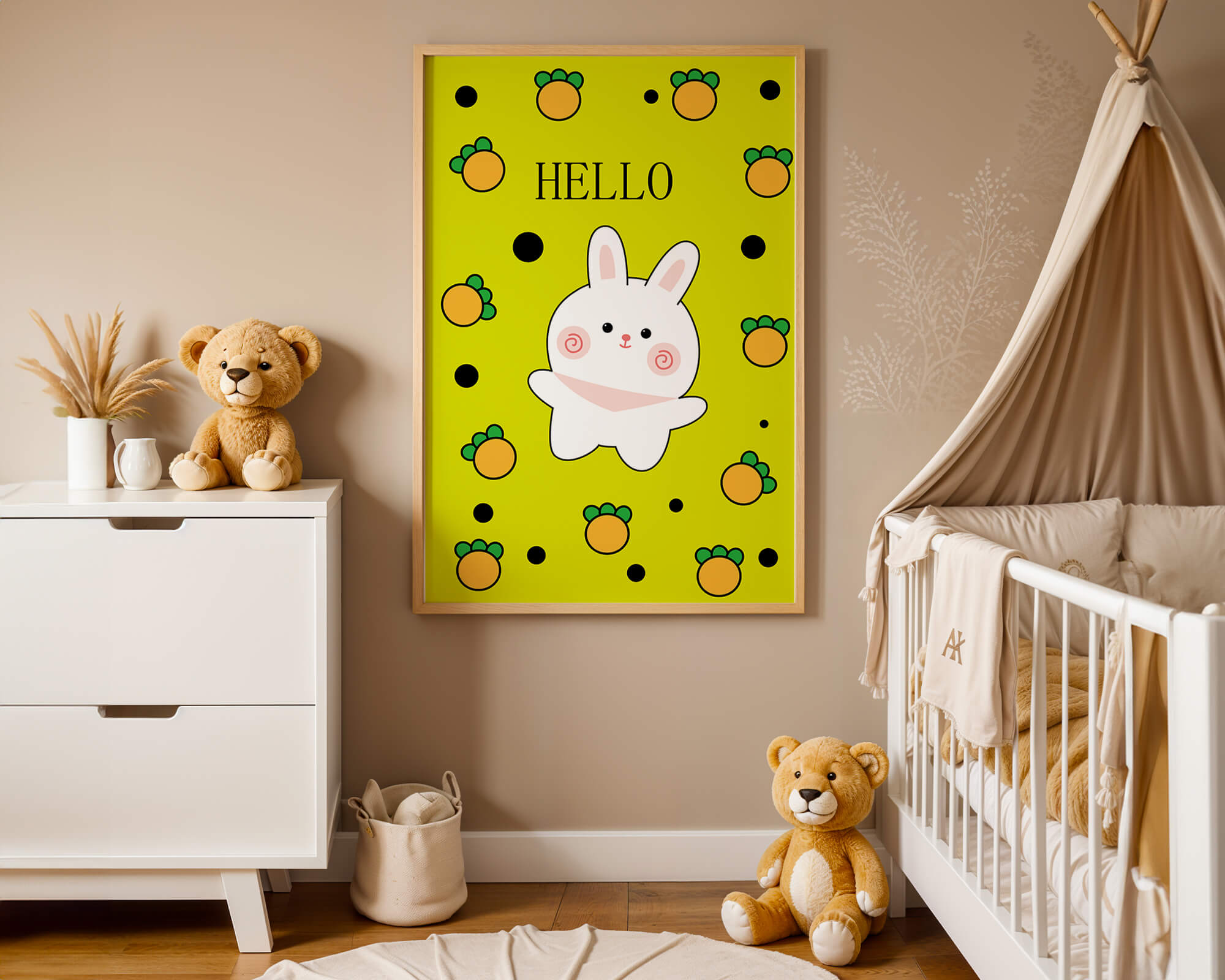 Charming rabbit cartoon illustration on yellow background with orange elements