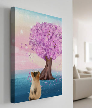 Serene scene with cat and blossoming cherry tree at sunrise