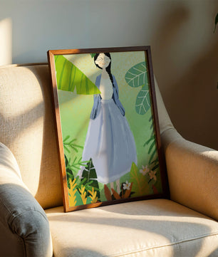 Serene illustration of a woman in nature with tropical leaves