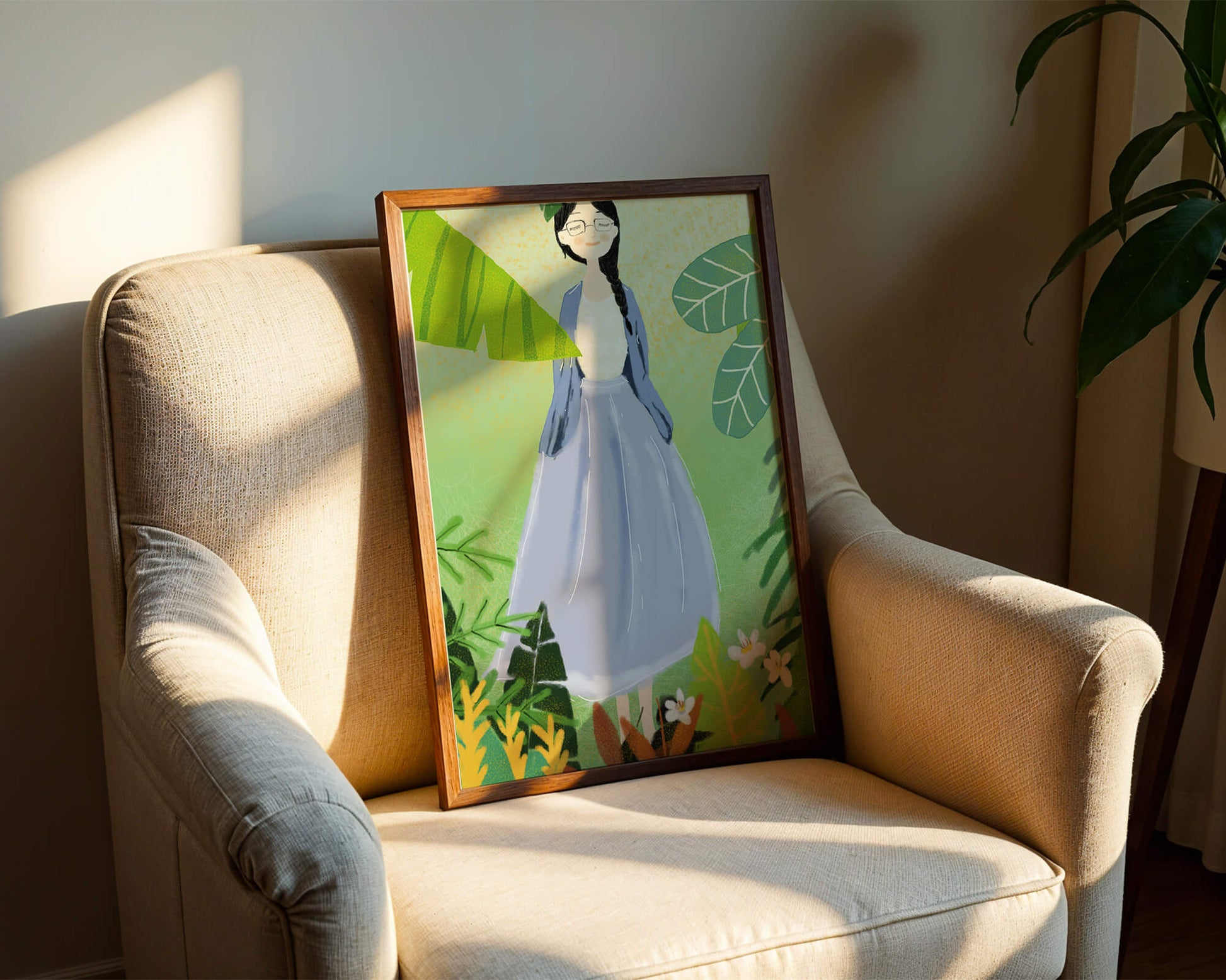 Serene illustration of a woman in nature with tropical leaves