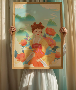 Traditional Asian Art with Woman in Hanfu Surrounded by Mountains and Peonies