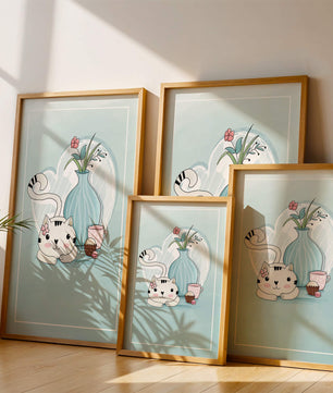 Cute Cat with Flowers, Cup, and Vase on Blue Background - Mi tienda