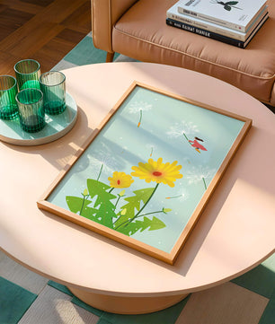 Whimsical illustration of a girl flying with dandelions in a colorful floral scene
