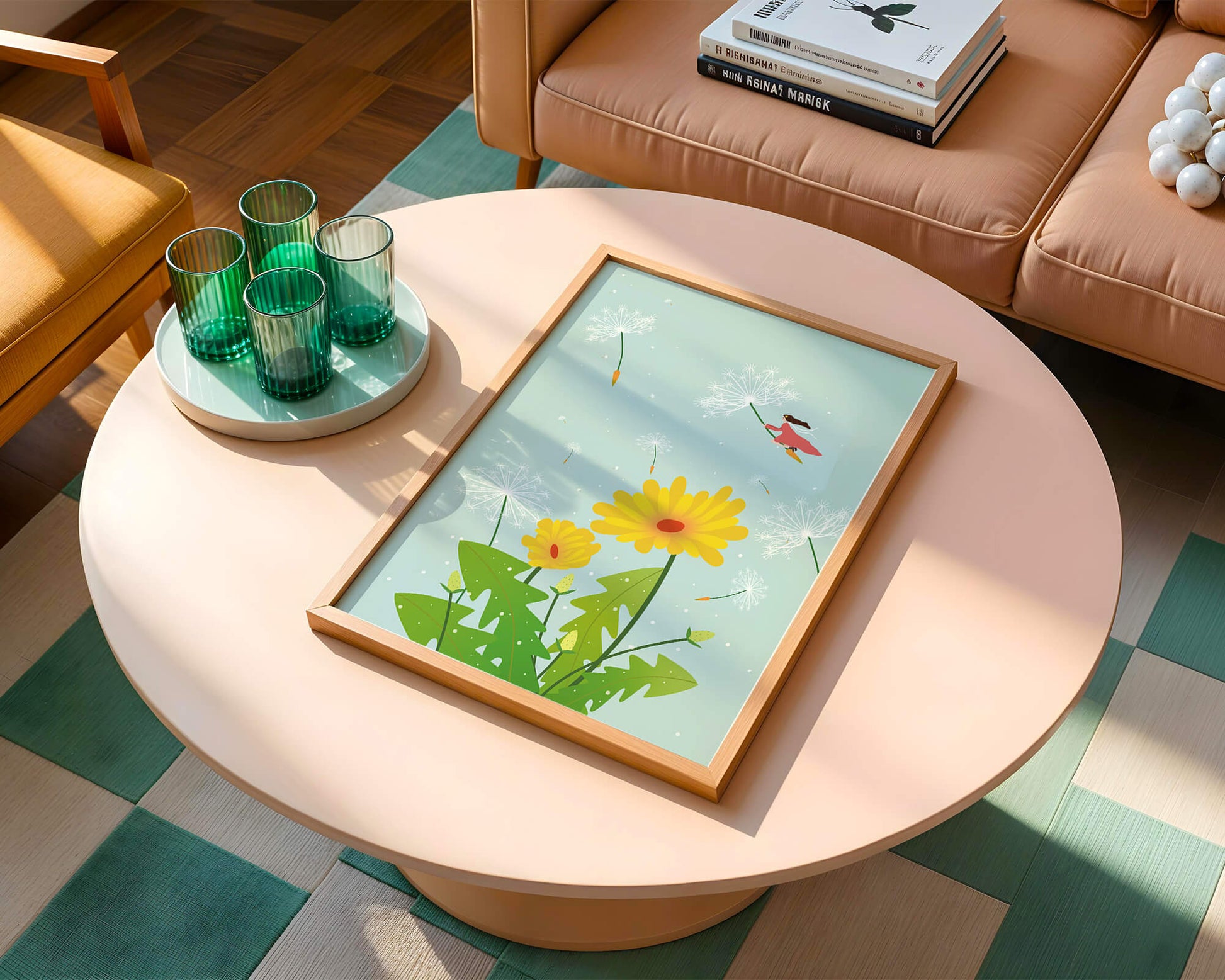 Whimsical illustration of a girl flying with dandelions in a colorful floral scene