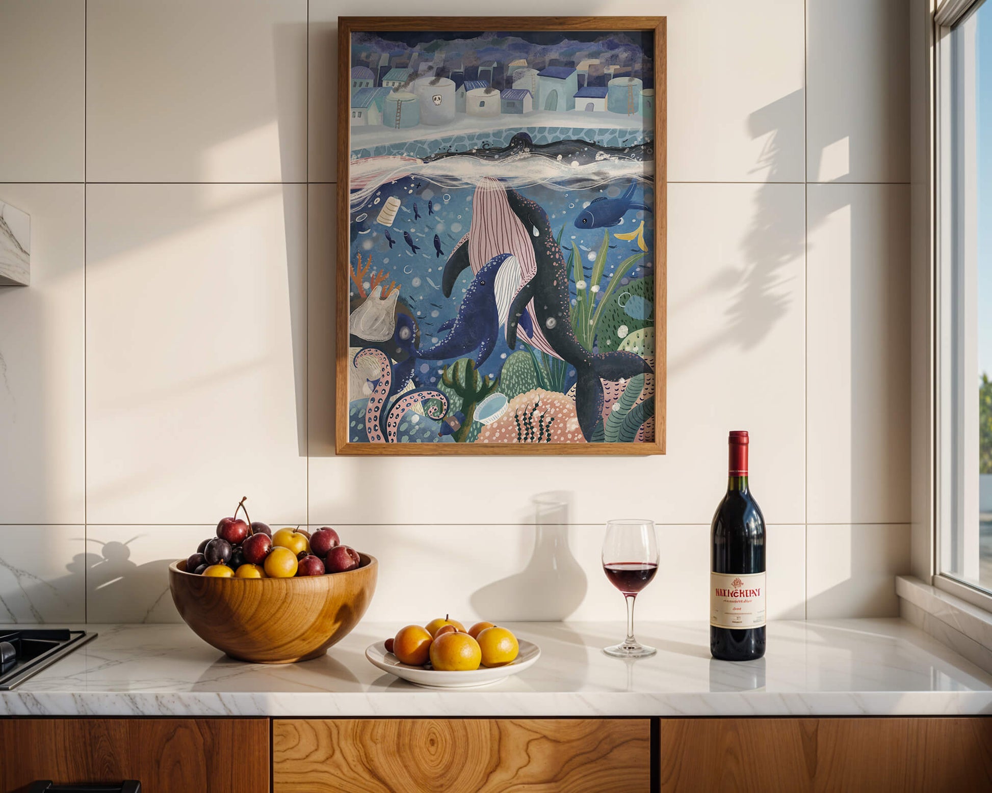 Whimsical Underwater City with Marine Life and Pollution