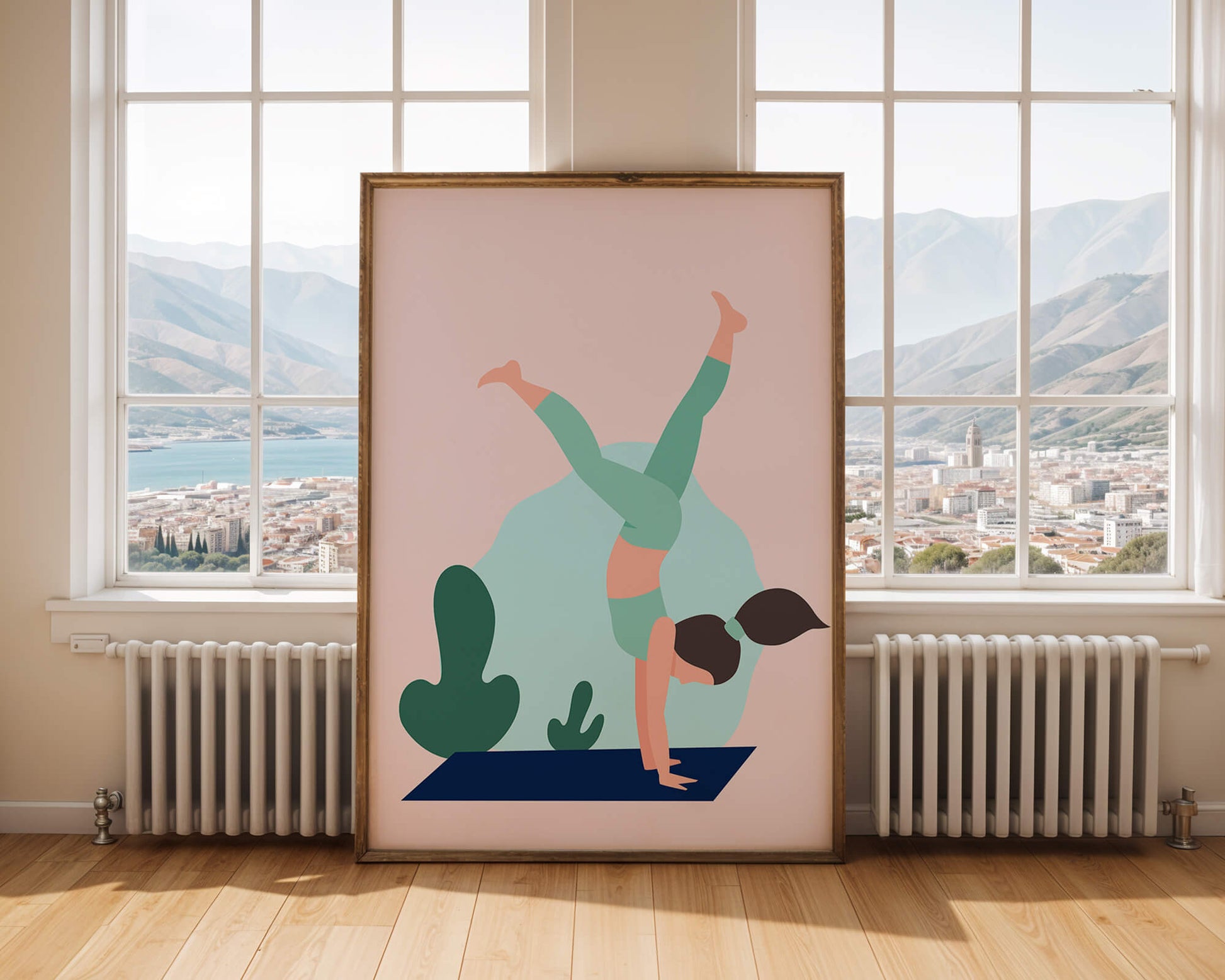 Illustration of a woman practicing yoga handstand pose