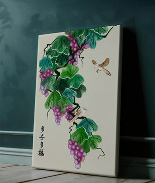 Watercolor grapevine and birds illustration with traditional art style