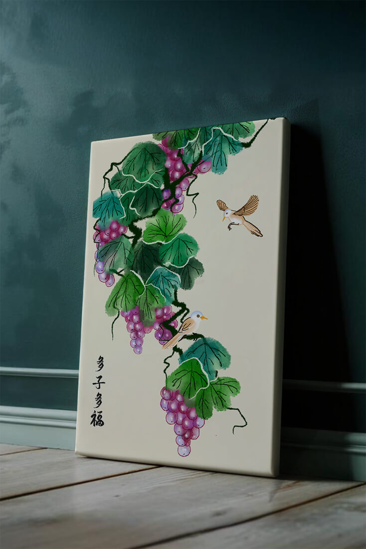 Watercolor grapevine and birds illustration with traditional art style