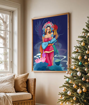 Colorful illustration of a woman in traditional attire with floral headdress