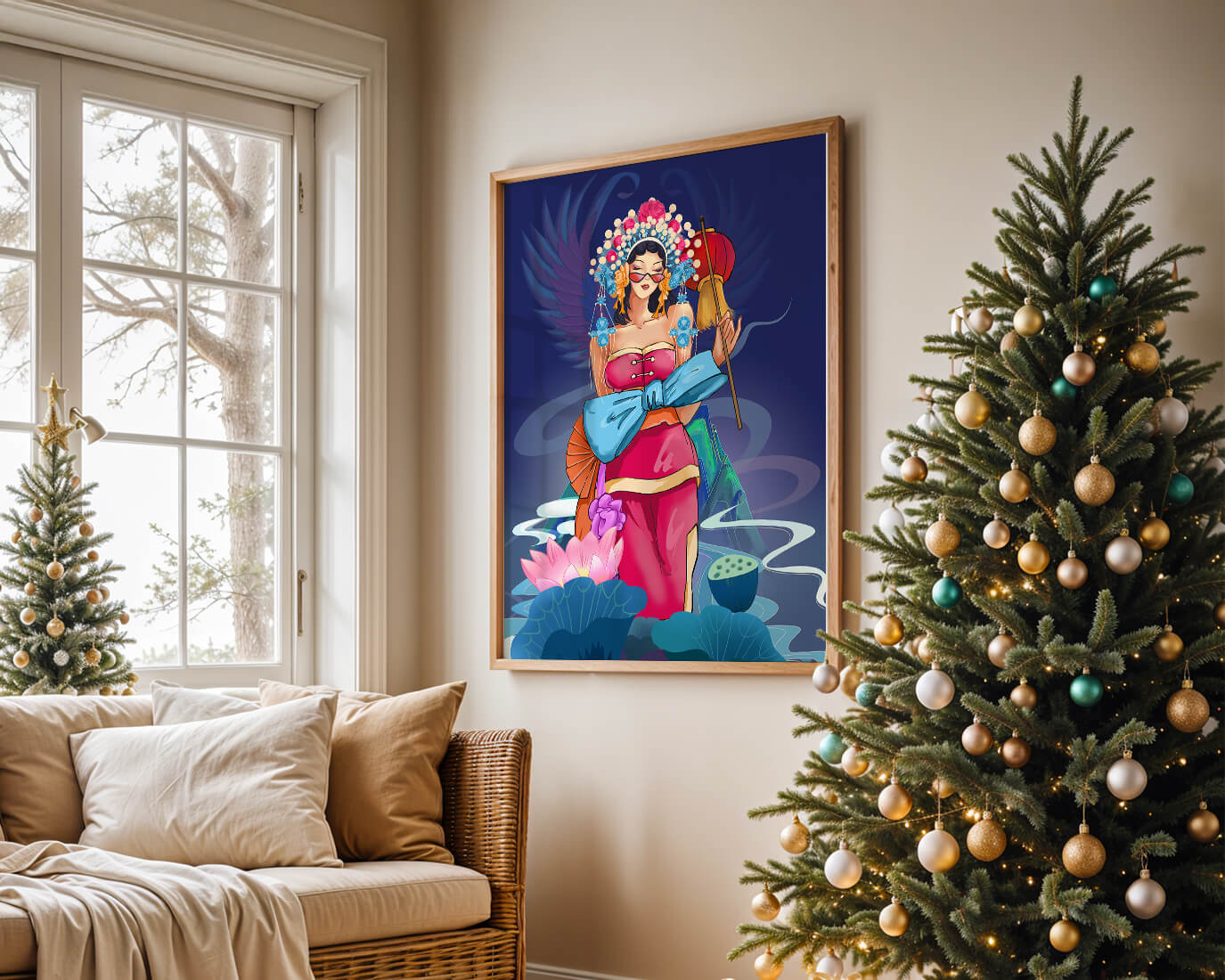 Colorful illustration of a woman in traditional attire with floral headdress