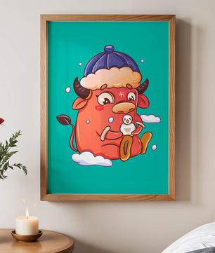 Winter cow cartoon with snowman on turquoise background