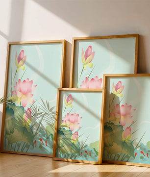 Loteo de flores de loto ilustrativas con hojas y peces koi en un estanque sereno
