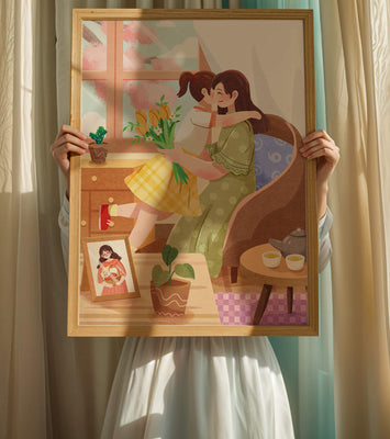 Cozy living room scene with mother and daughter hugging near window