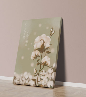 Illustrated cotton plant with hidden character on a soft green background
