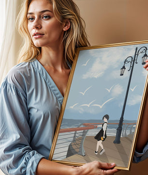 Seaside boardwalk with woman walking under street lamps amid seagulls
