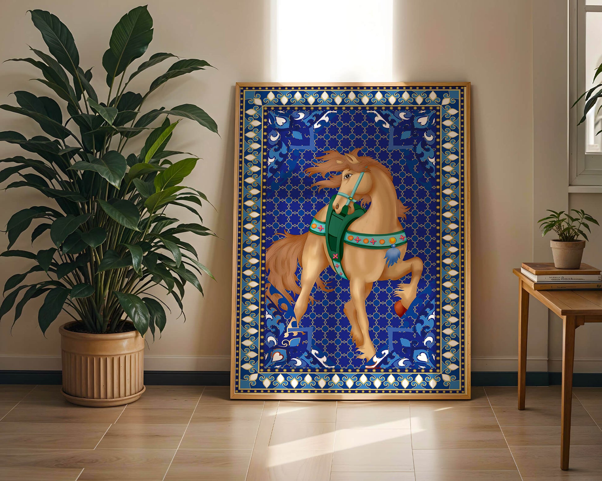 Intricate patterned horse art with a vibrant decorative border
