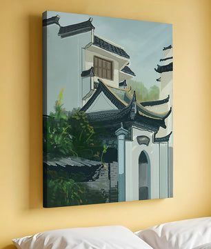 Traditional Asian architecture with lush greenery