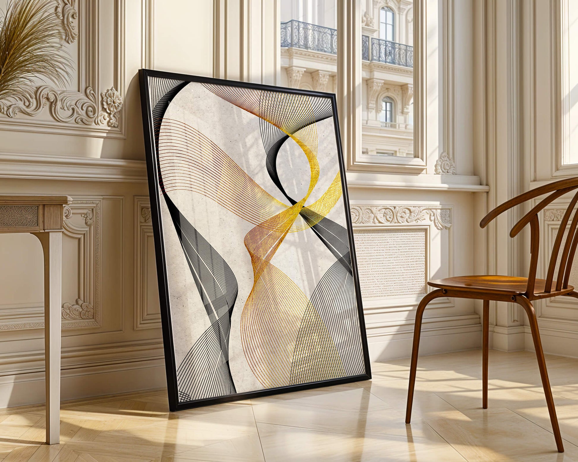 Elegant abstract waves with gold and black lines on textured background