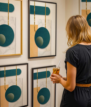 Abstract geometric design with gold accents and textured elements