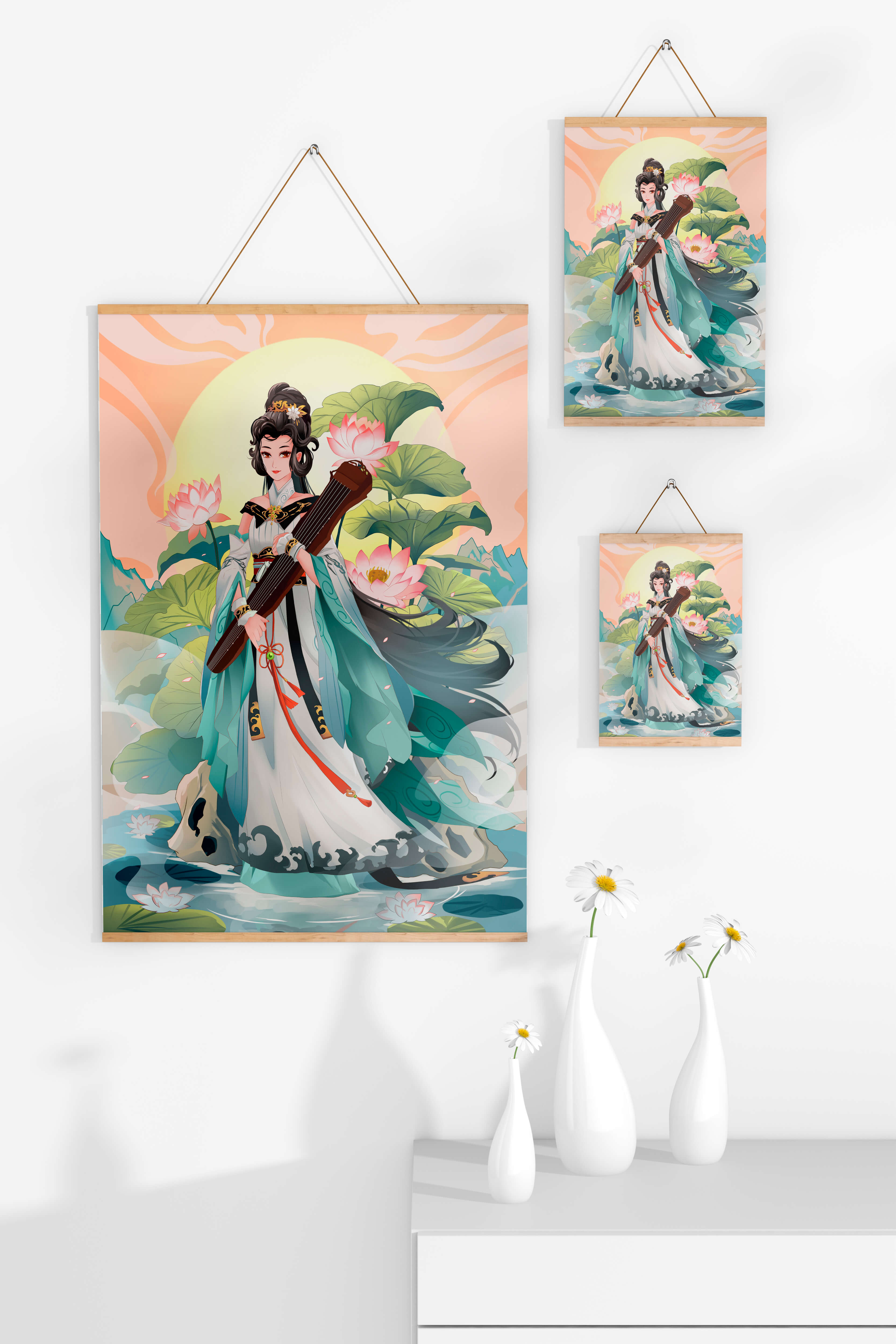 Elegant woman with traditional clothing and musical instrument in serene nature setting