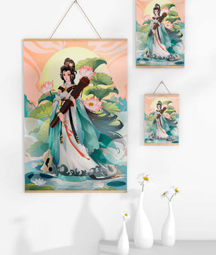 Elegant woman with traditional clothing and musical instrument in serene nature setting