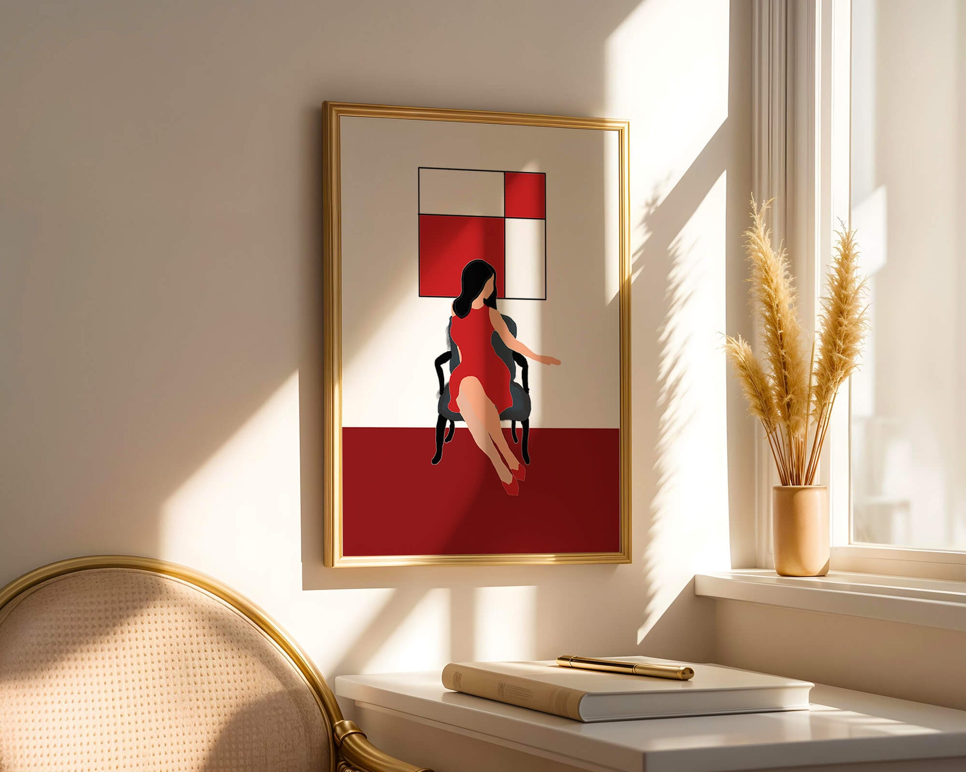 Mujer abstracta en vestido rojo sentada en una silla con arte geométrico en la pared