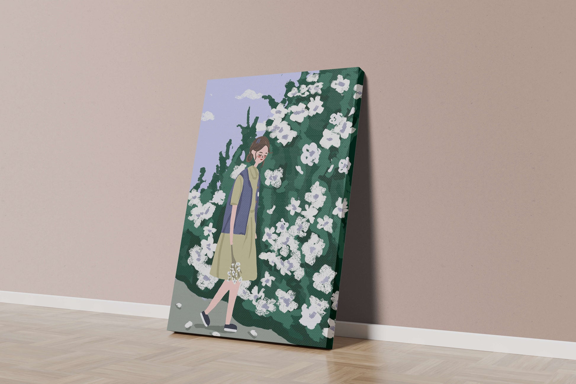 Woman walking by a lush white flower bush on a sunny day