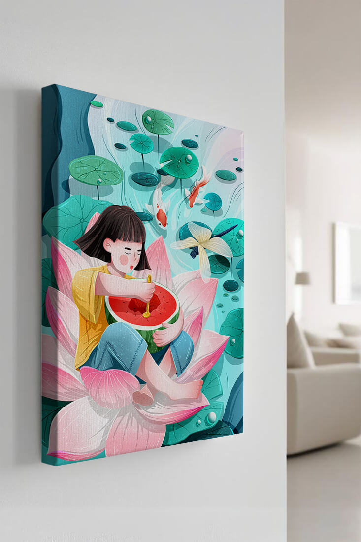 Serene illustration of child with watermelon on lotus flower