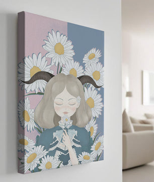 Ilustración de una niña con margaritas y cuernos sobre un fondo pastel