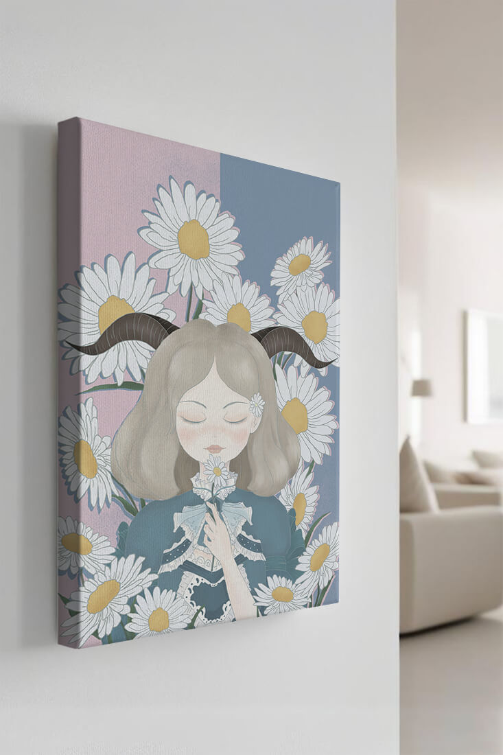 Illustration of girl with daisies and horns on a pastel background