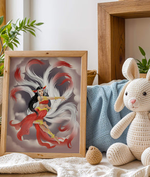 Graceful fantasy fox spirit with flowing tails and red attire in mystical clouds