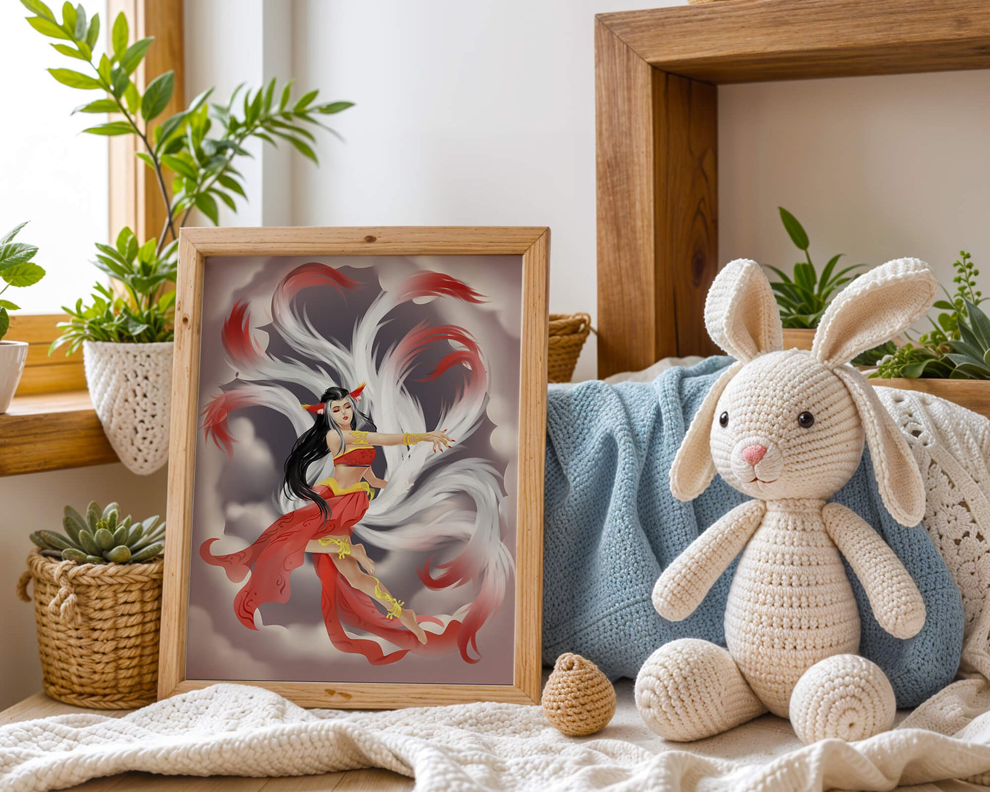 Graceful fantasy fox spirit with flowing tails and red attire in mystical clouds