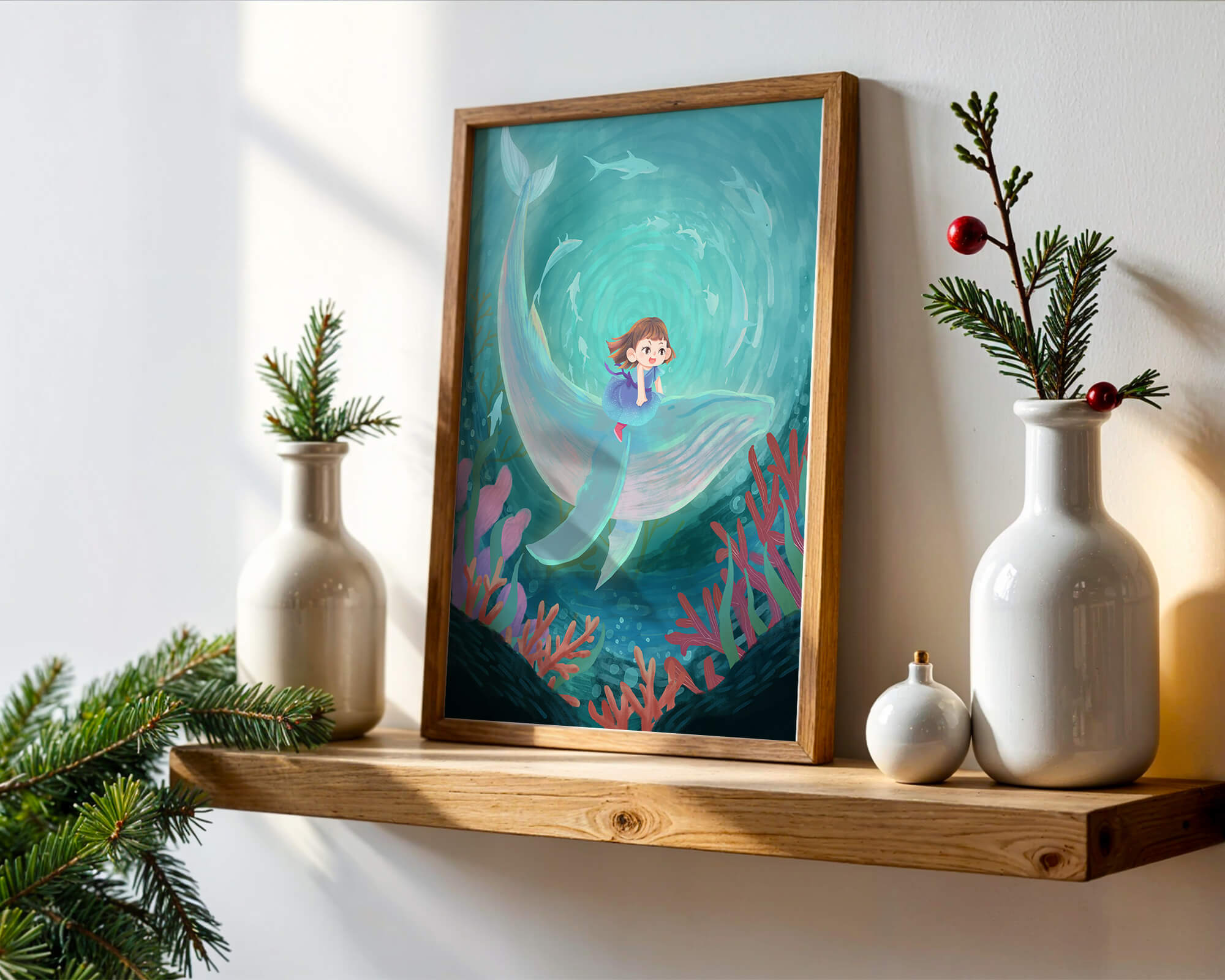 Underwater scene with child and whale surrounded by marine life