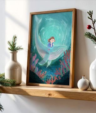 Underwater scene with child and whale surrounded by marine life