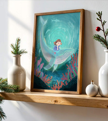 Underwater scene with child and whale surrounded by marine life