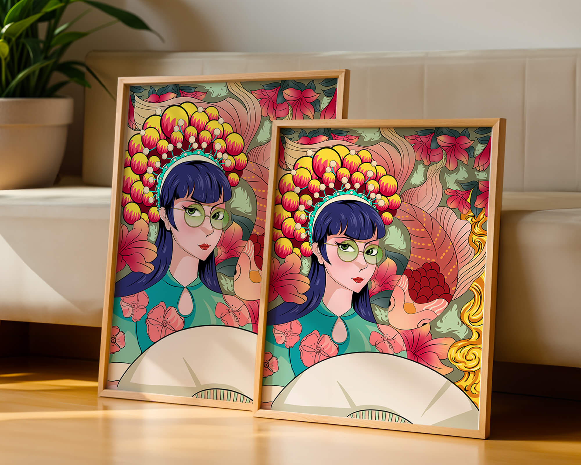 Colorful illustration of a woman with floral headdress and fish background