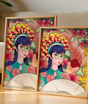 Illustration colorée d’une femme avec une coiffe florale et un fond de poissons