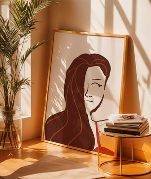 Ilustración estilizada de una mujer con cabello fluyendo y diseño minimalista