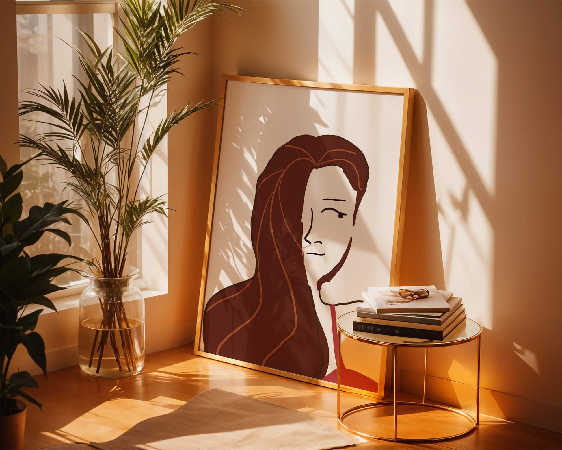 Ilustración estilizada de una mujer con cabello fluyendo y diseño minimalista