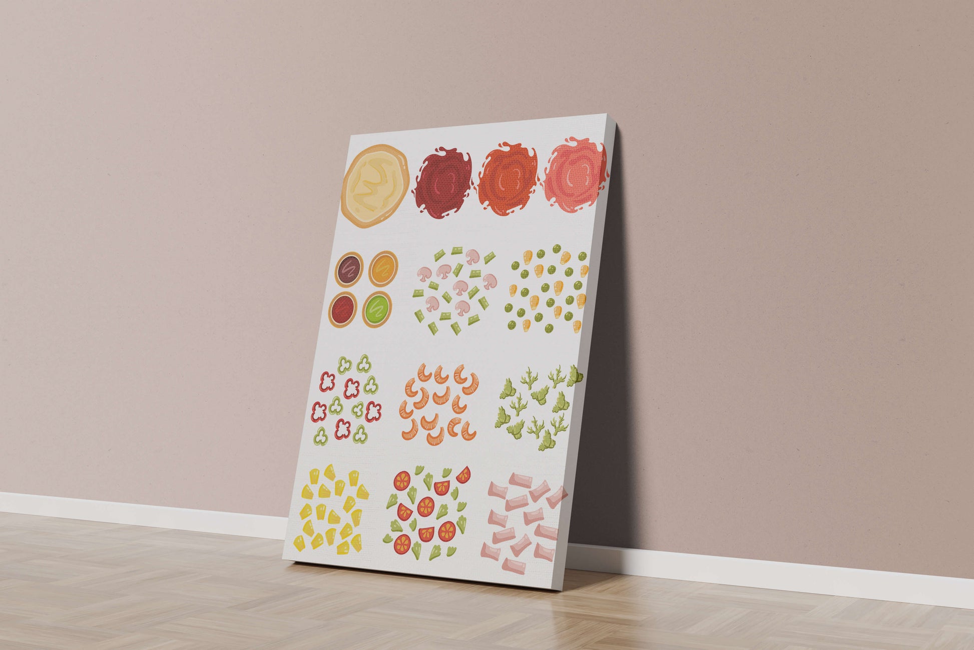 Illustration of various pizza ingredients and toppings