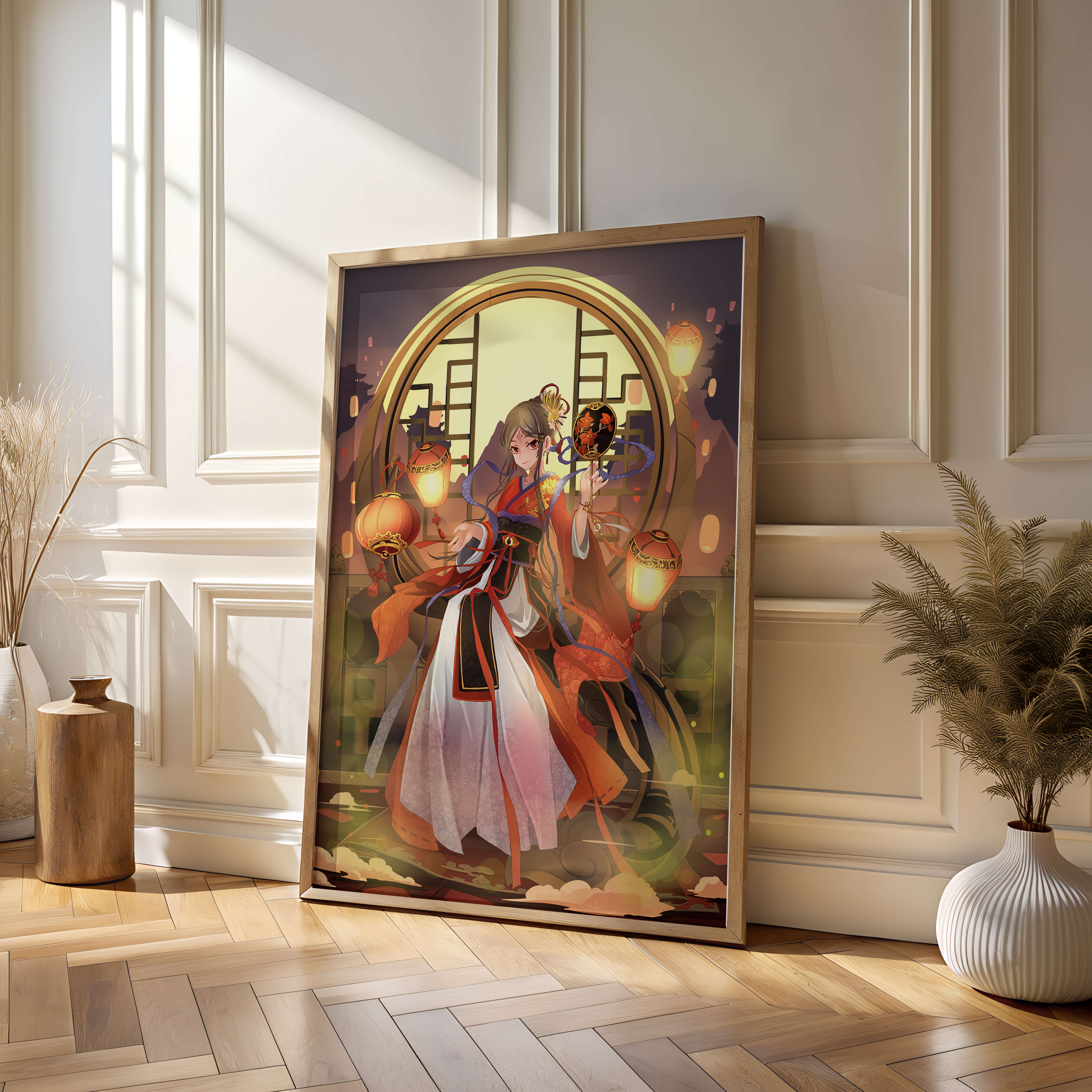 Elegant Asian-inspired fantasy artwork with lanterns