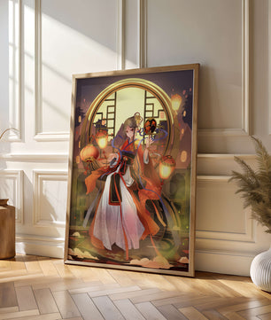 Elegant Asian-inspired fantasy artwork with lanterns