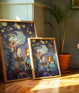 Whimsical Adventure in a Magical Night Sky Landscape