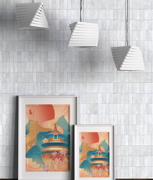 Illustration of Chinese architecture with the Great Wall and nature elements