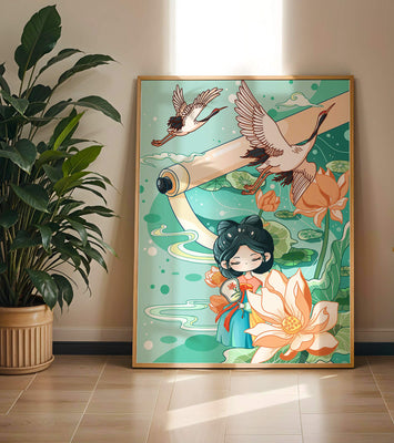 Serene Asian Art Illustration with Cranes and Lotus Flowers