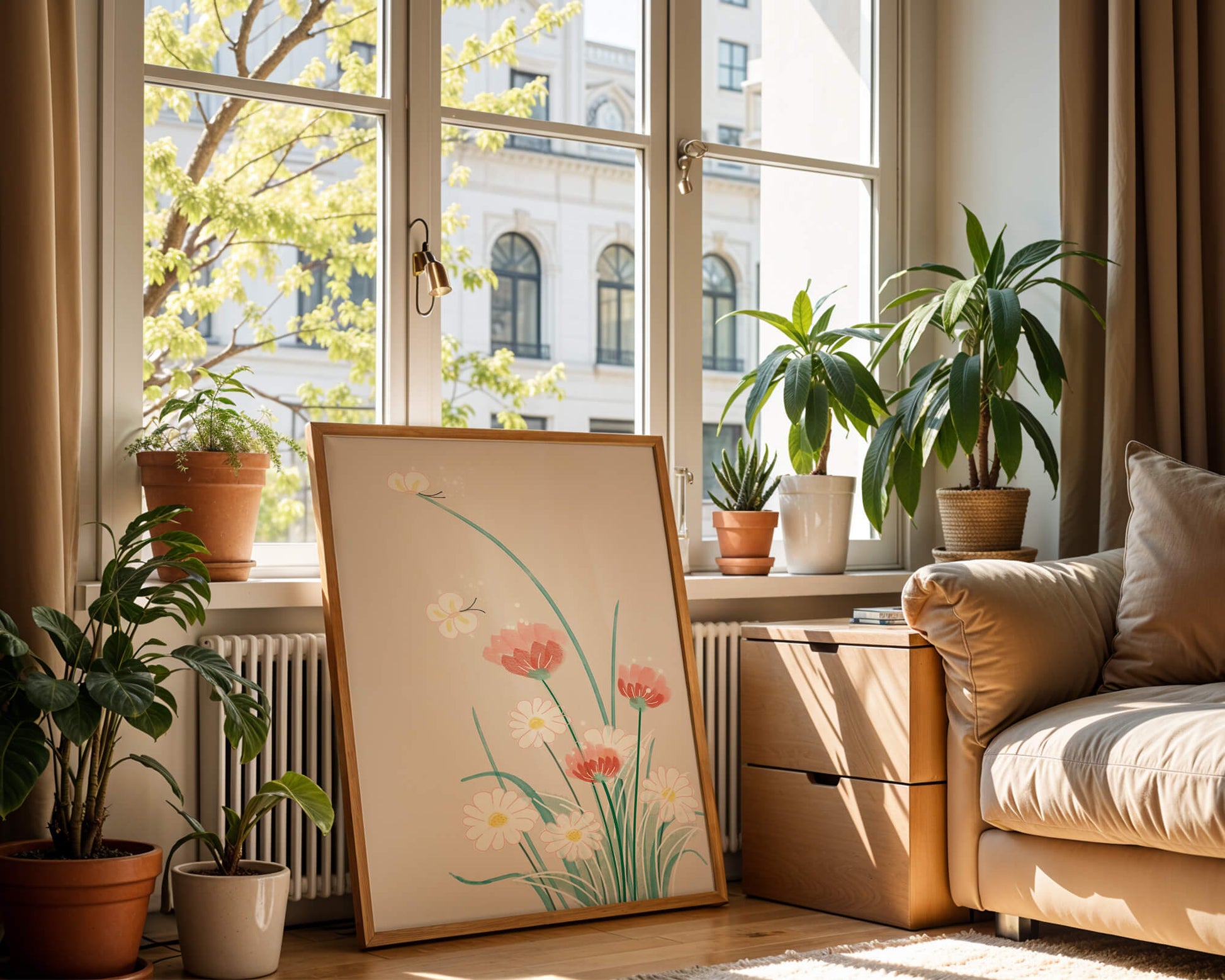 Delicate floral illustration with butterflies and wildflowers