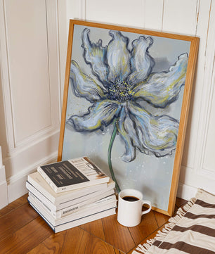 Elegant blue and green abstract floral artwork with flowing lines