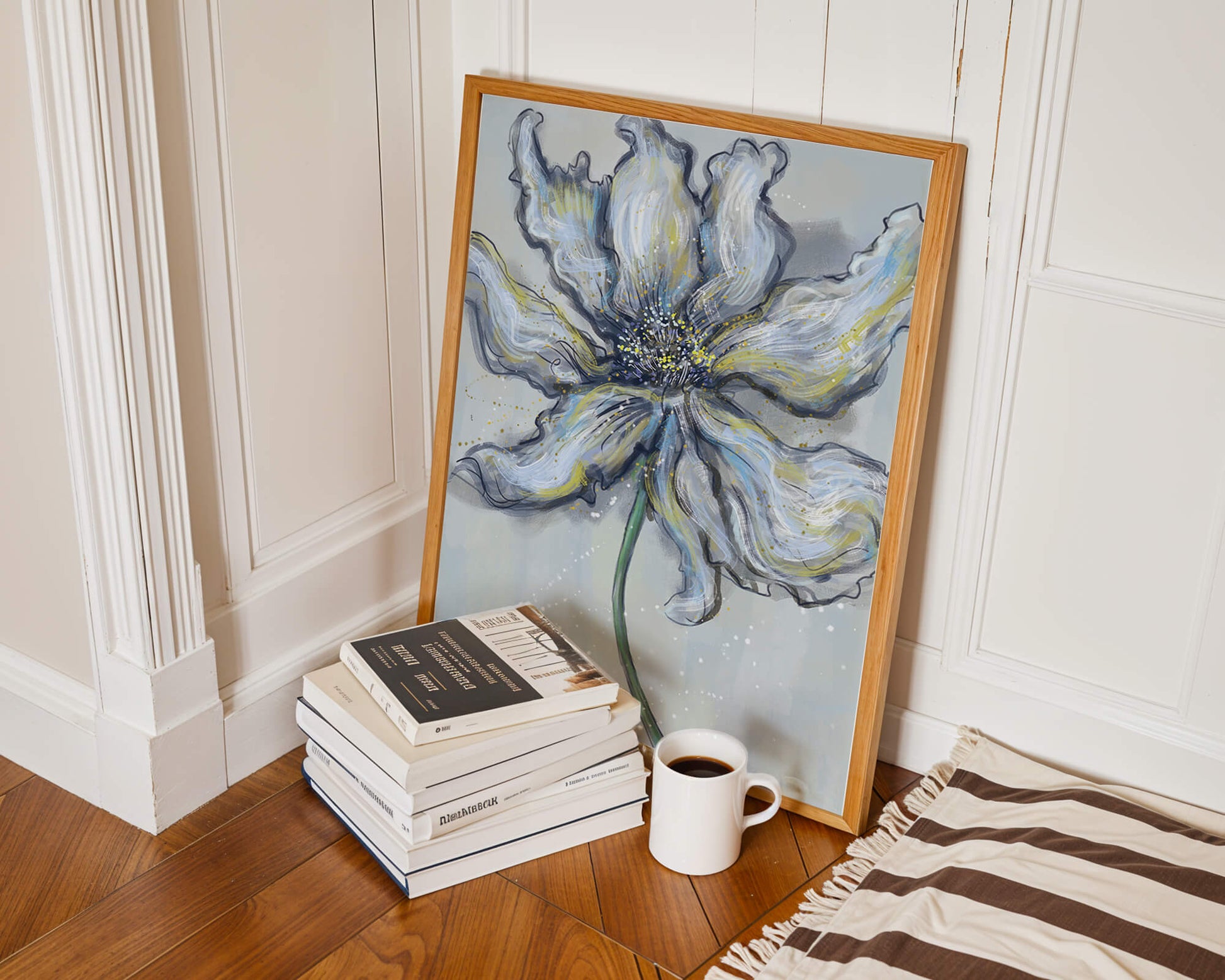 Elegant blue and green abstract floral artwork with flowing lines