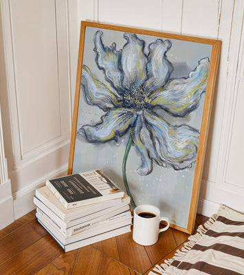 Elegant blue and green abstract floral artwork with flowing lines