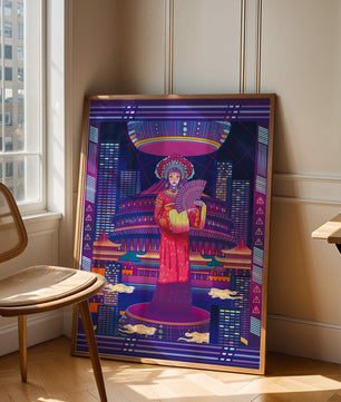 Futuristic Asian Inspired Artwork with Neon Colors and Geisha in Traditional Attire
